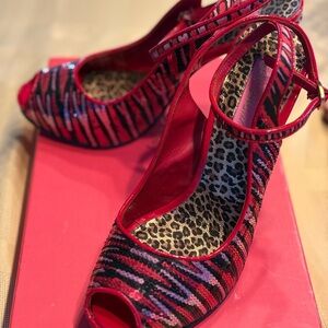 Betsey Johnson Red & Black Sequin Zebra Platform Heels - SHOWSTOPPERS!